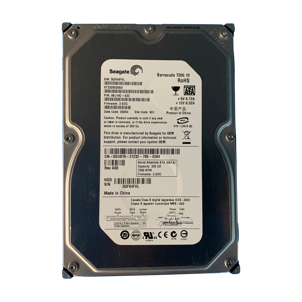 Dell XU819 320GB SATA 7.2K 3GBPS 3.5" Drive ST3320620AS 9BJ14G-033