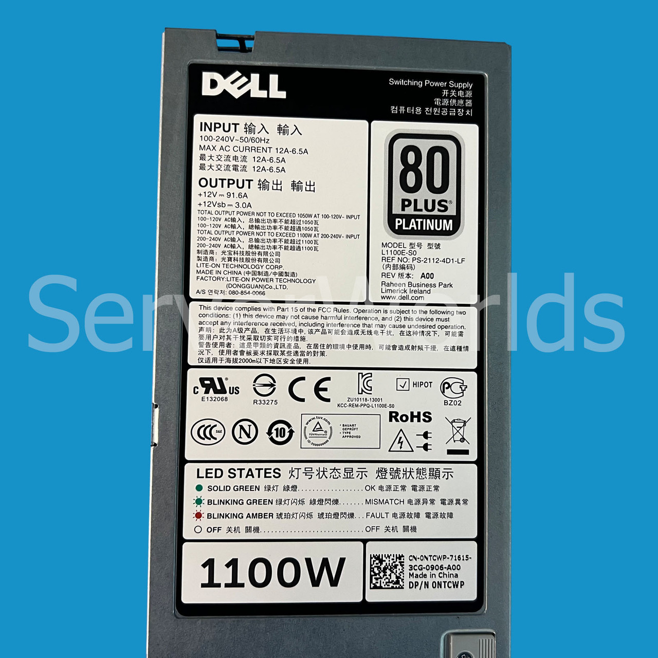 Dell NTCWP Poweredge 1100W Power Supply L1100E-S0 PS-2112-4D1-LF