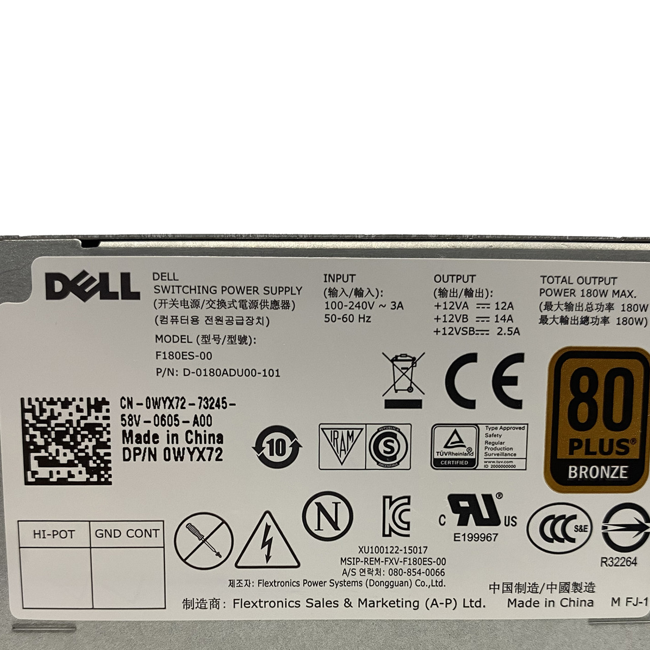 Dell WYX72 Optiplex 7040 SFF 180W Power Supply F180ES-00, D-180ADU00-101