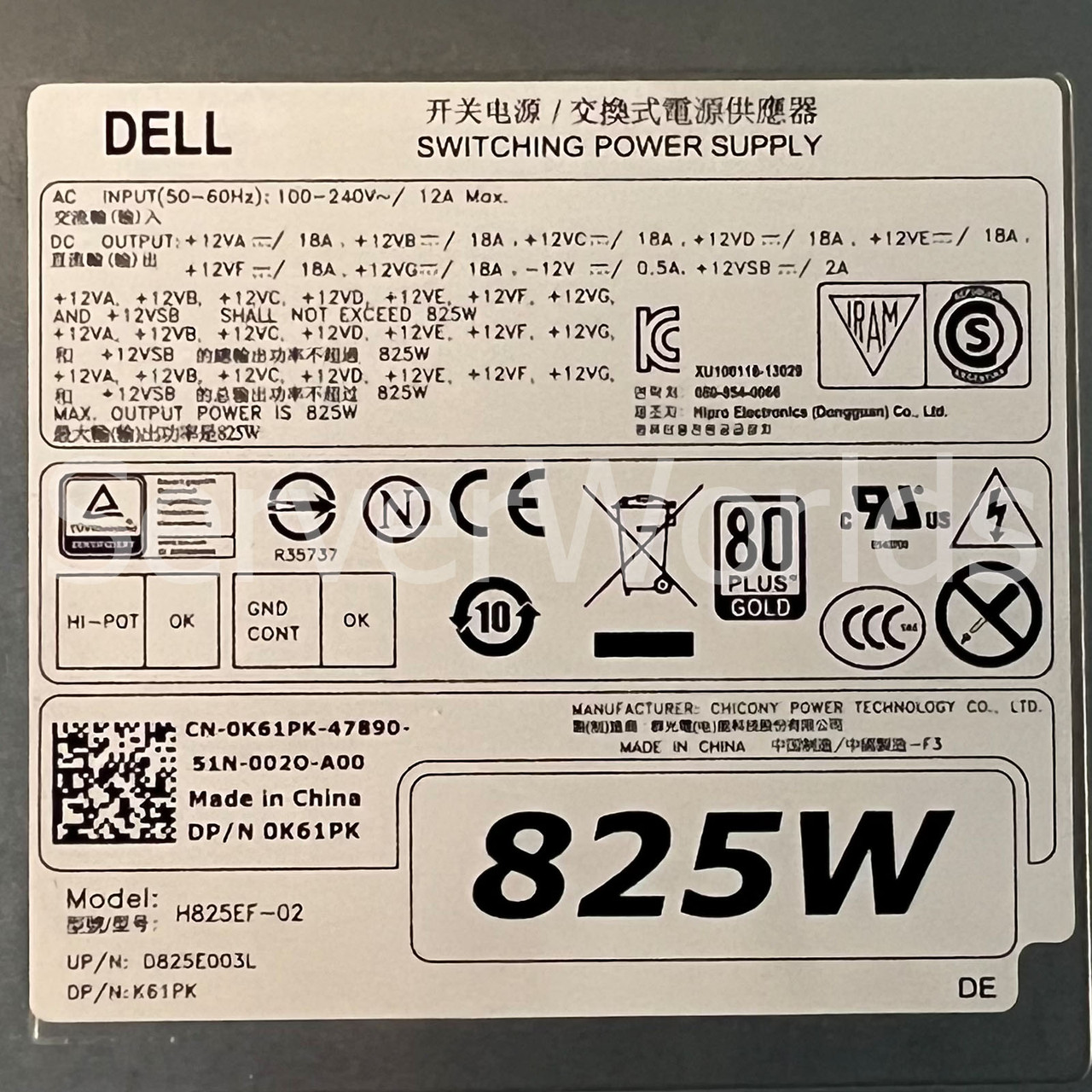 Dell K61PK Precision T5810 T7810 825W Power Supply H825EF-02 D825E003L