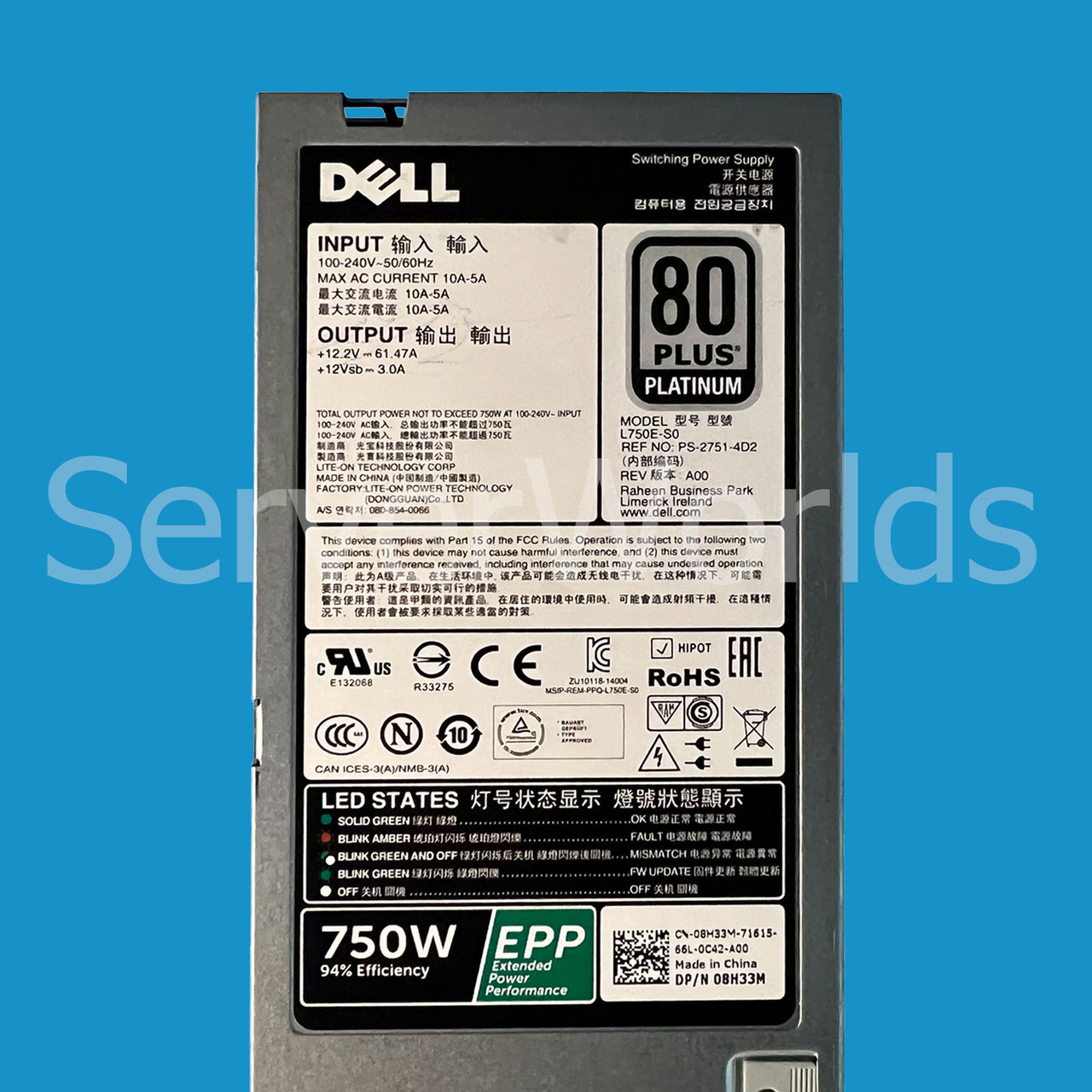 Dell 8H33M Platinum 750W Power Supply L750E-S0 PS-2751-4D2