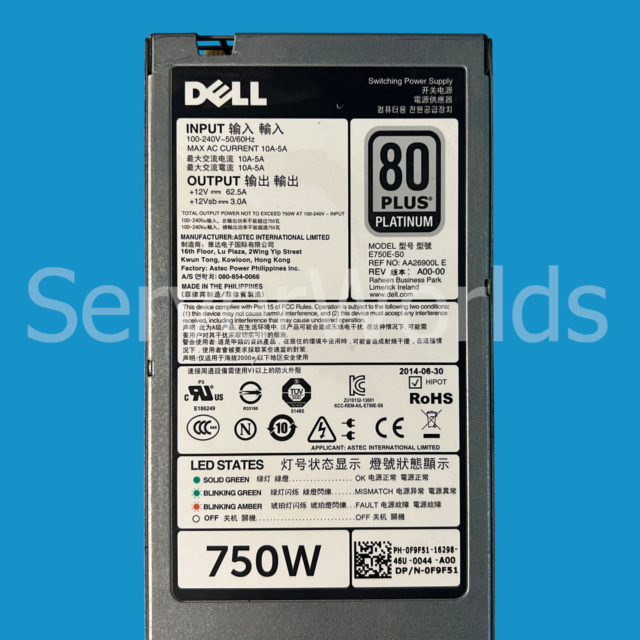 Dell F9F51 PowerEdge Platinum 750W Power Supply E750E-S0 AA29600L E