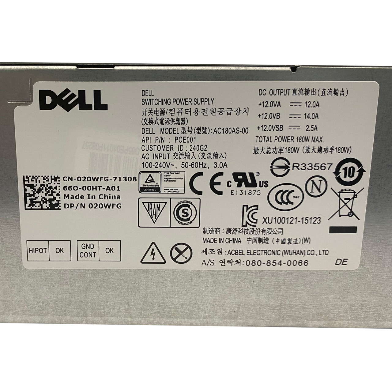 Dell 20WFG Optiplex 3040 SFF 180W Power Supply AC180AS-00