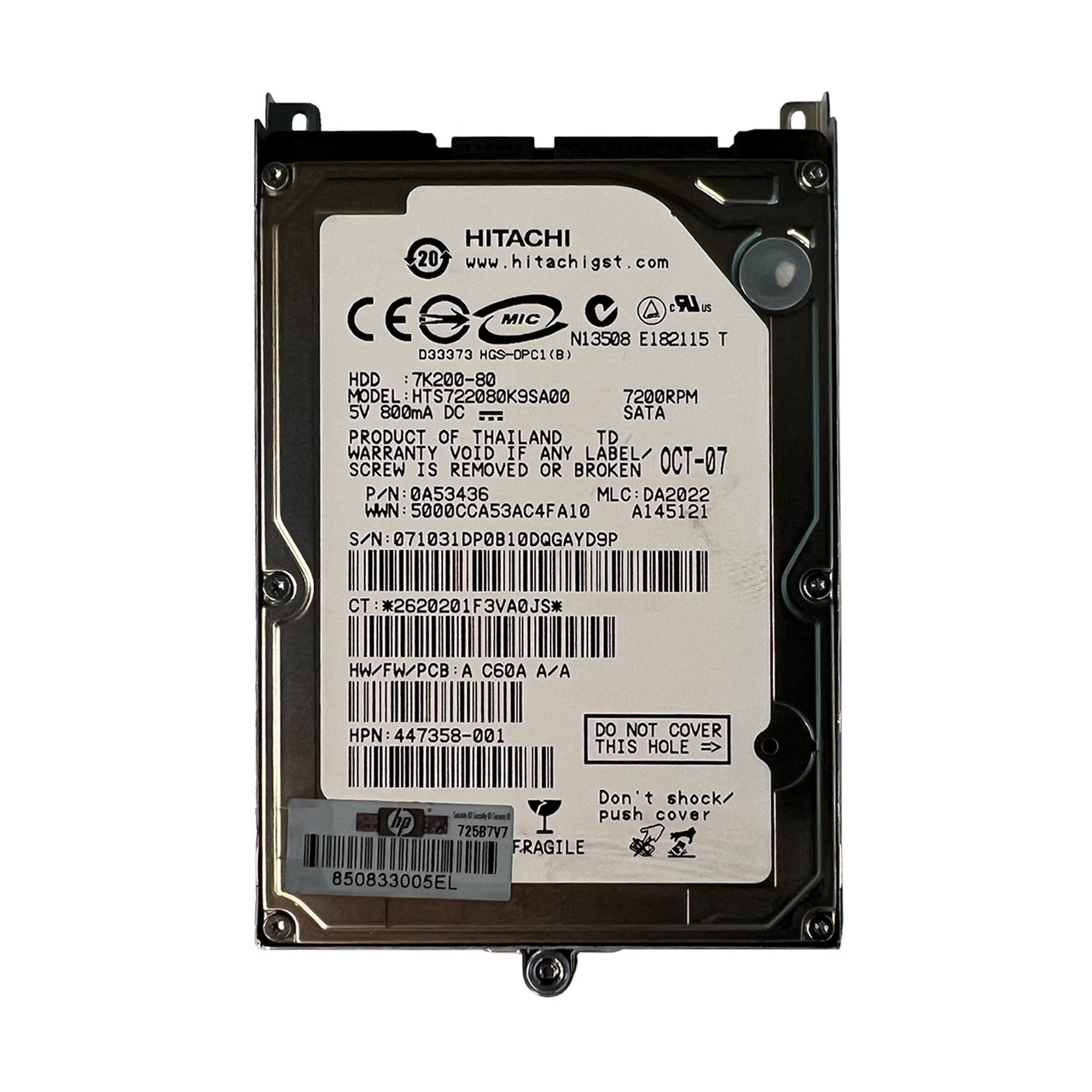 HP 447358-001 80GB SATA 7.2K 2.5" Drive 0A53436 HTS722080K9SA00