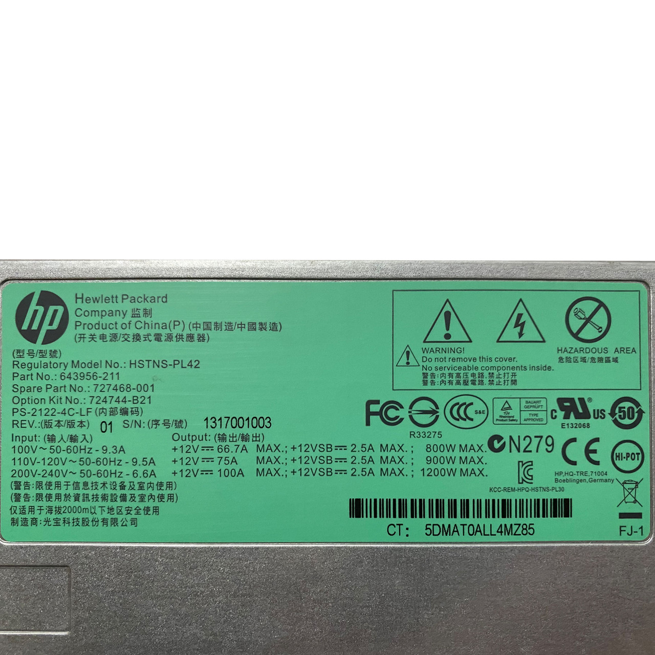 HP 727468-001 1200W Platinum Plus Power Supply HSTNS-PL42