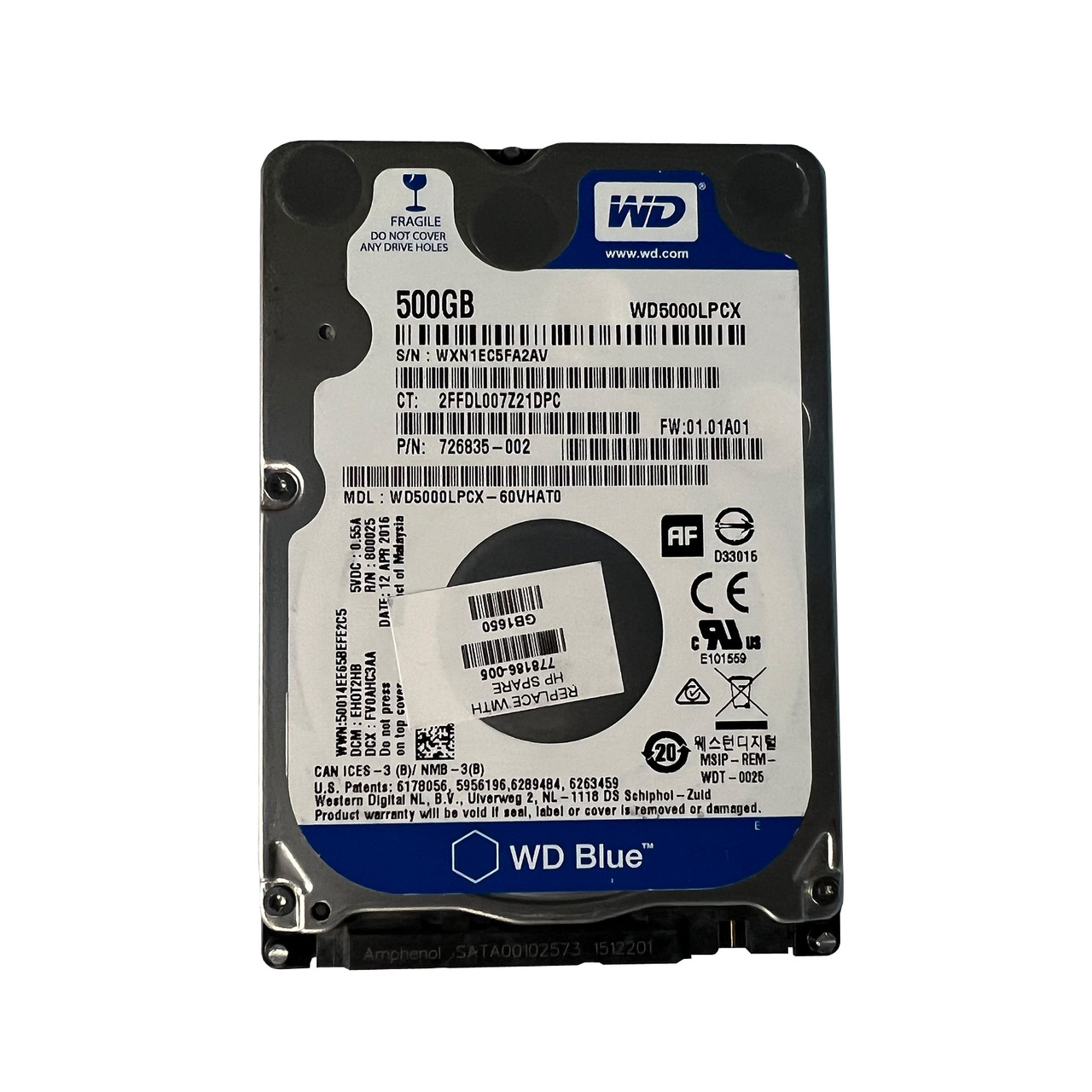 HP 778186-005 500GB SATA 5.4K 2.5" Drive 726835-002 WD5000LPCX-60VHAT0