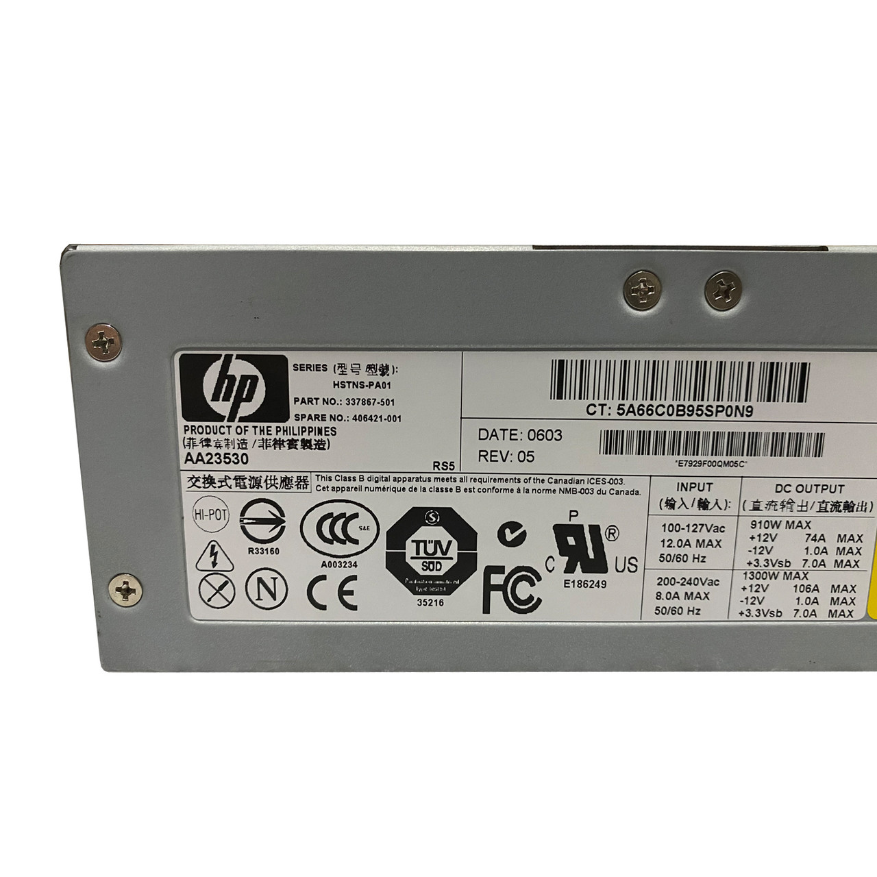 HP 406421-001 ML570 G3 1300W Power Supply HSTNS-PA01 337867-501