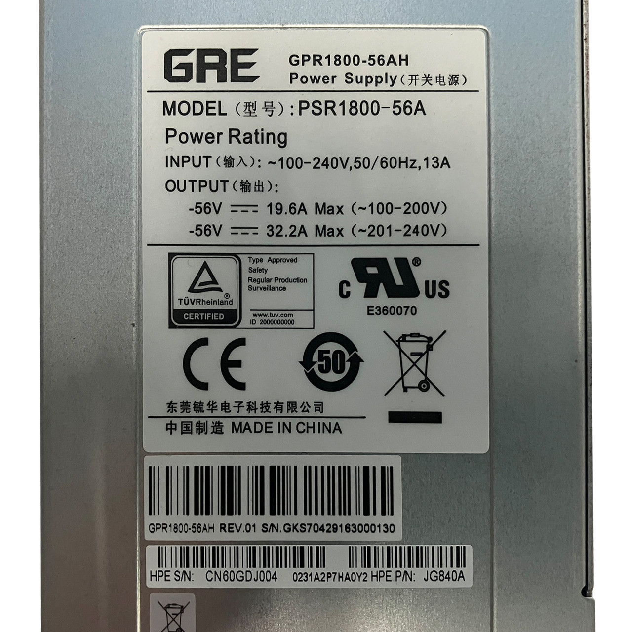 HPe JG840A 1800W AC Power supply  FF7900 JG840-61001 PSR1800-56A