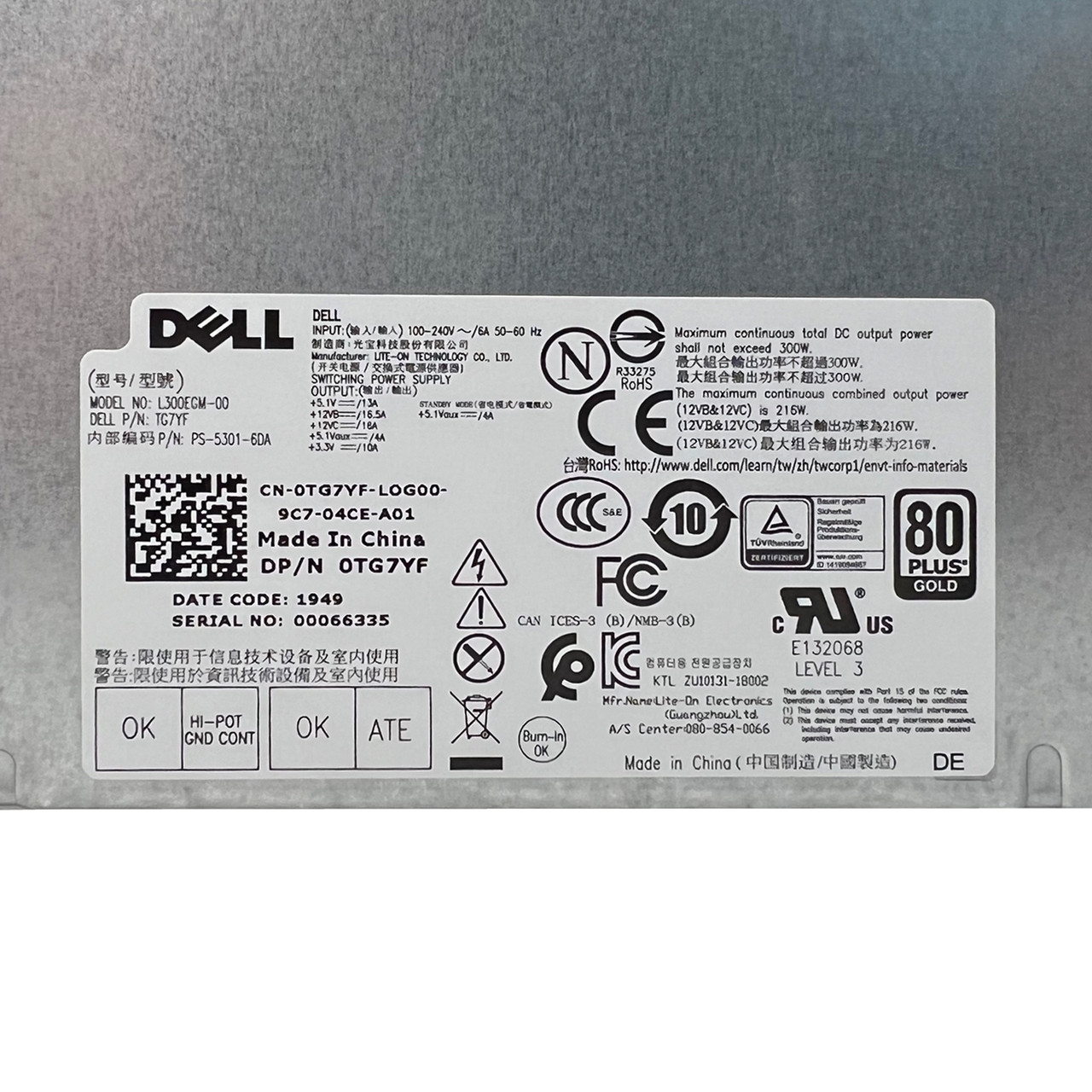 Dell TG7YF 300W Power Supply PS-5301-6DA L300EGM-00