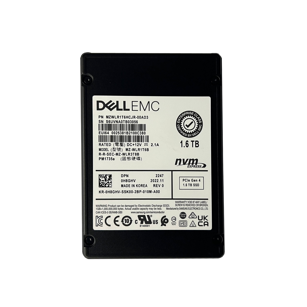 Dell H8GHV 1.6TB PCIe Gen 4 Mix Use U.2 NVMe SSD MZ-WLR1T6B