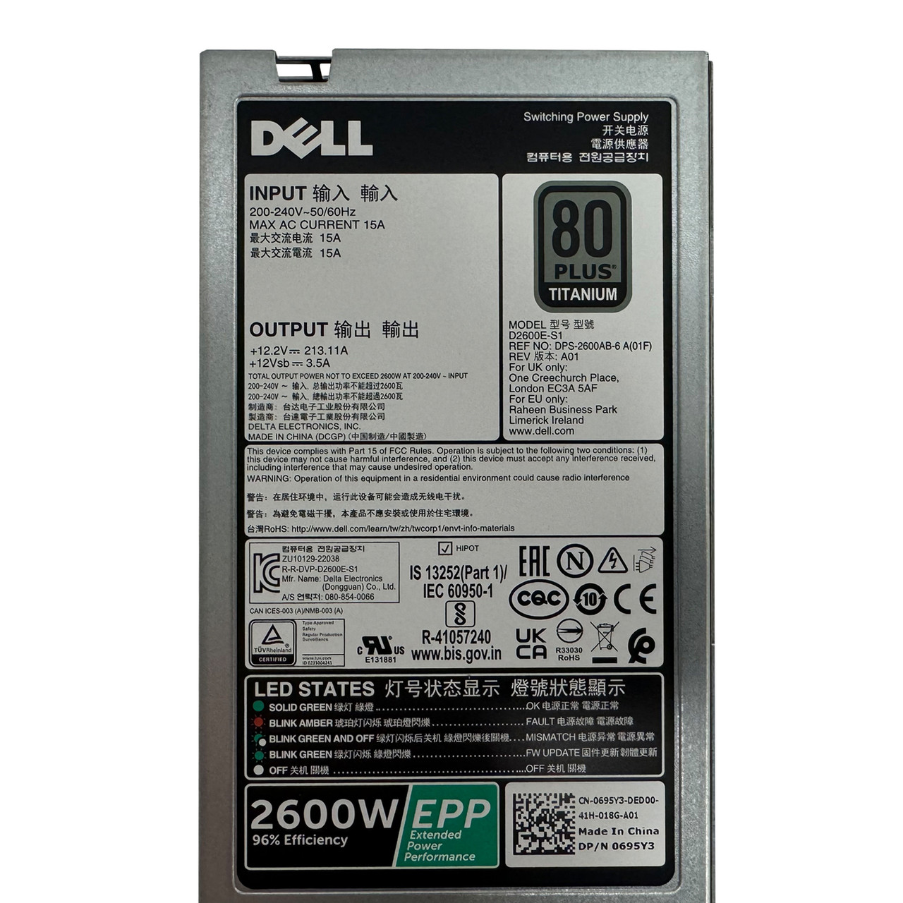 Dell 695Y3 Titanium 2600W Power Supply D2600E-S1 DPS-2600AB-6 A