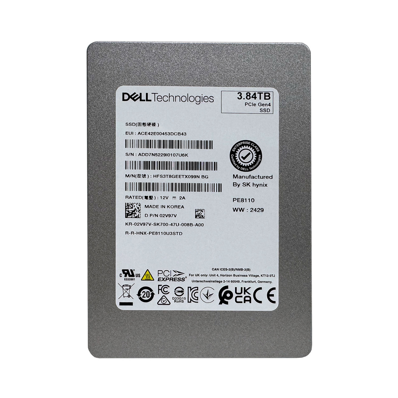 Dell 2V97V 3.84TB NVMe U.2 RI SSD w/Tray HFS3T8GEETX099N