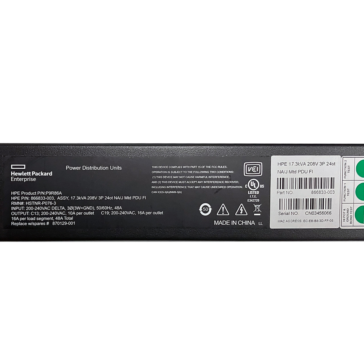 HPe 870129-001 G2 Mtrd 3PH 17.3KVa 60309 60A 4 Wire/48A 208v /18x c13 /6 x C19 PDU P9R86A