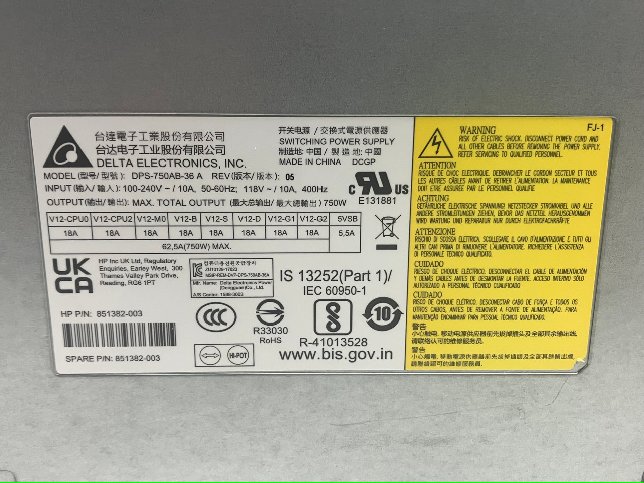 HP 851382-003 Z4 G4 750W Power Supply DPS-750AB-36 A 