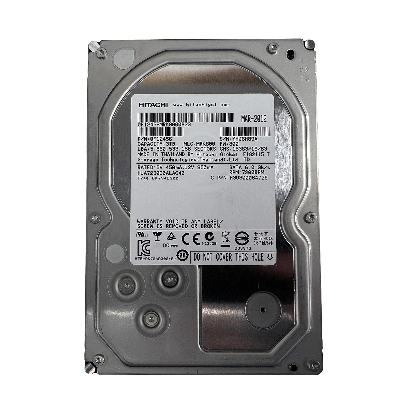 HITACHI HUA723030ALA640 3TB 7.2K 3G SATA 3.5" HDD 0F12456 H3U30006472S