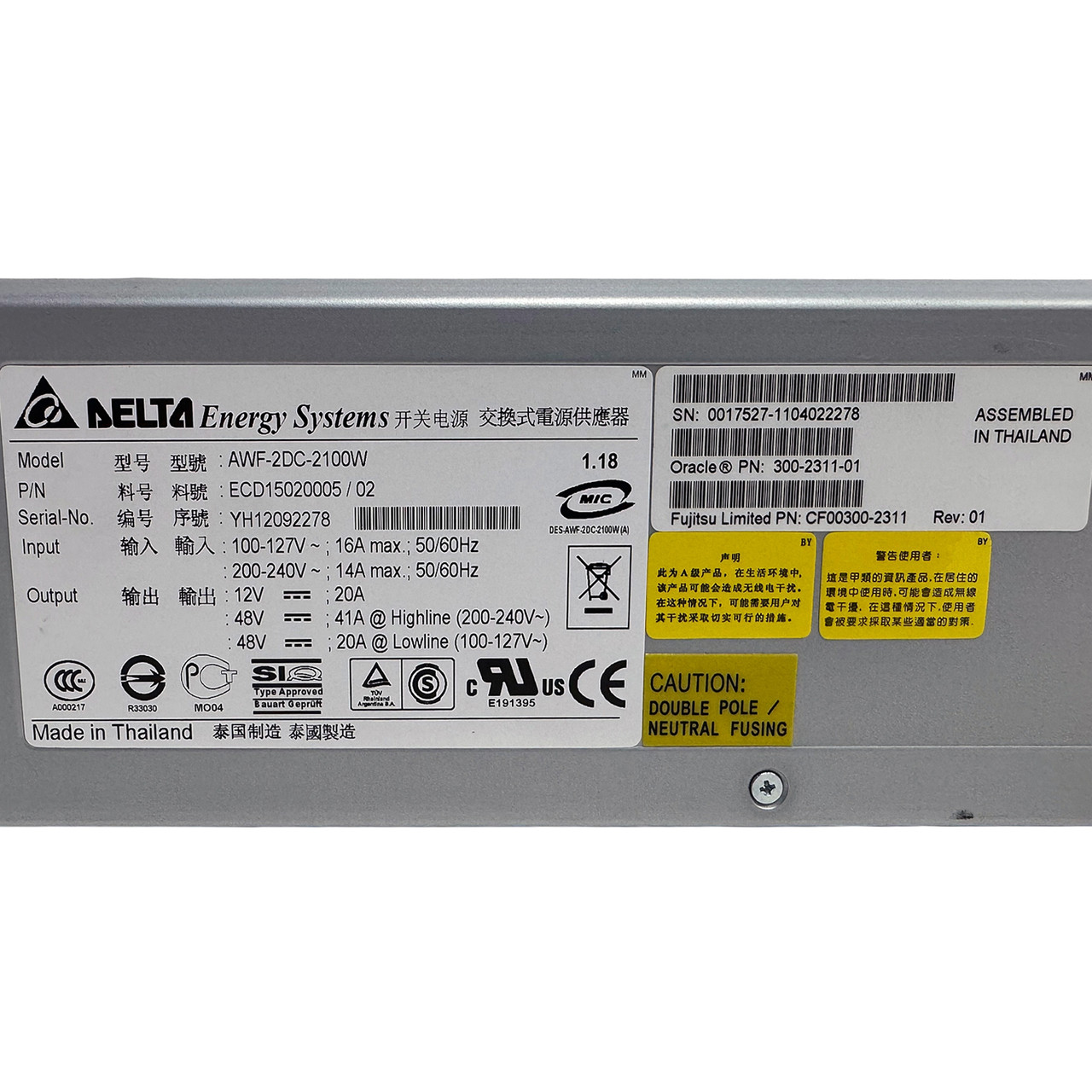 Sun 300-2311 2100W Power Supply CF00300-2311 AWF-2DC-2100W