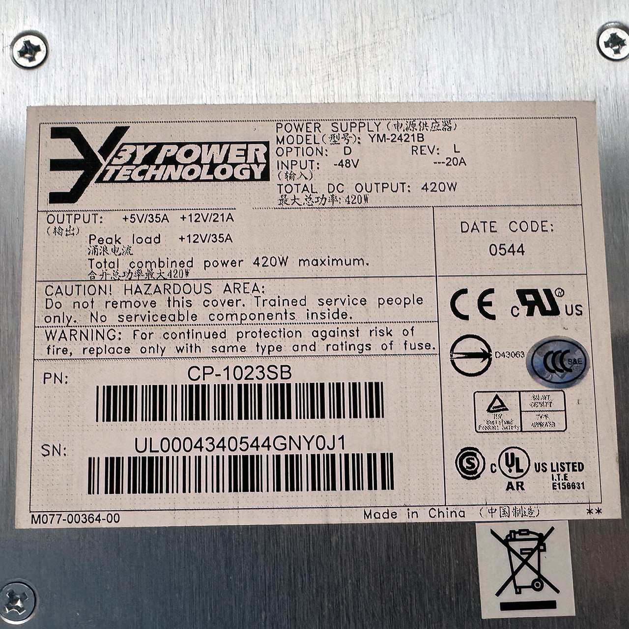 SUN 370-6798 420W Power Supply CP-1023SB YM-2421B