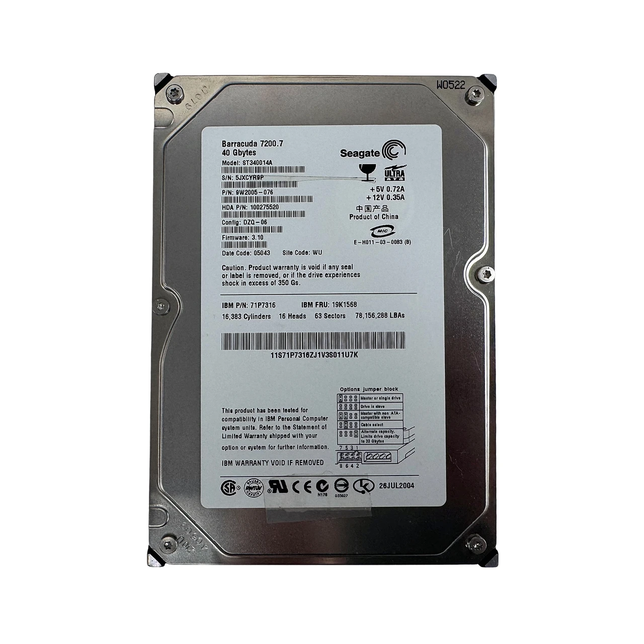 IBM 71P7316 40GB 7.2K IDE 3.5" HDD 19K1568 ST340014A 9W2005-076