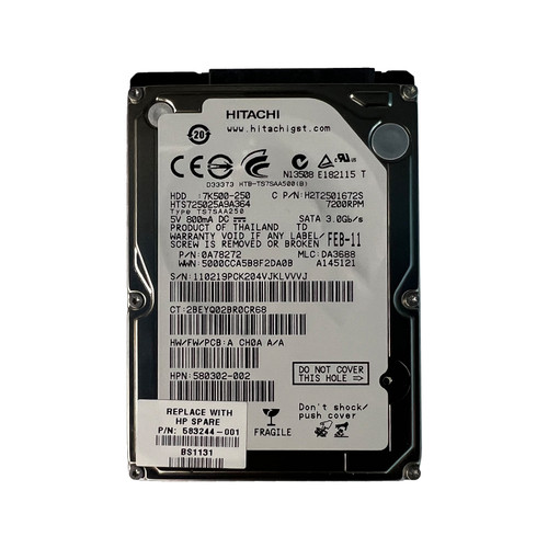 HP 580302-002 250GB SATA 7.2K 2.5" Drive HTS725025A9A364 0A78272