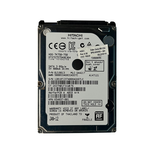 HP 654837-001 750GB SATA 7.2K 3GBPS 2.5" Drive HTS727575A9E364 0J18813