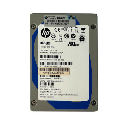 HP 632429-003 400GB SAS 6GBPS 2.5" SSD EO0400FBRWA