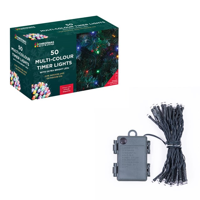 Multicolor Led Timer 50 LED Battery Op Timer Lights - Multi Colour