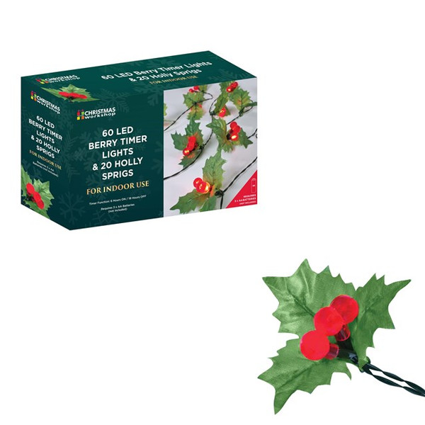 60LED 20 Holly Sprig and Berry Timer Lights-Battery