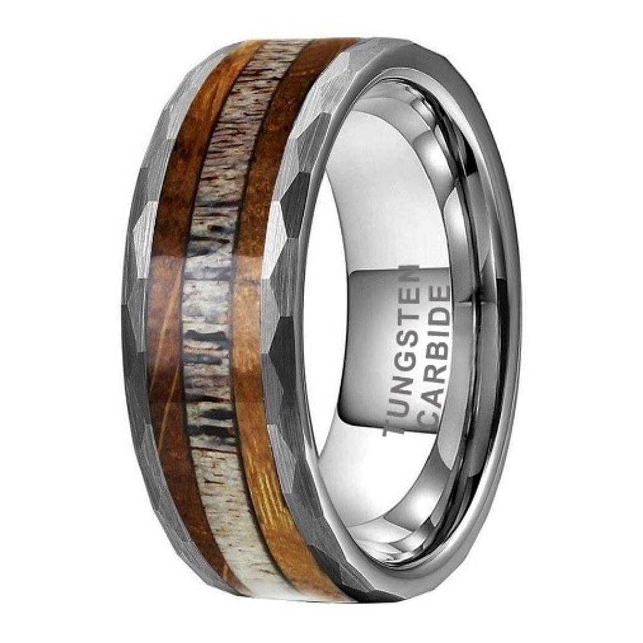 Hammered Tungsten Ring - Whisky Barrel Wood/Deer Antler Inlay