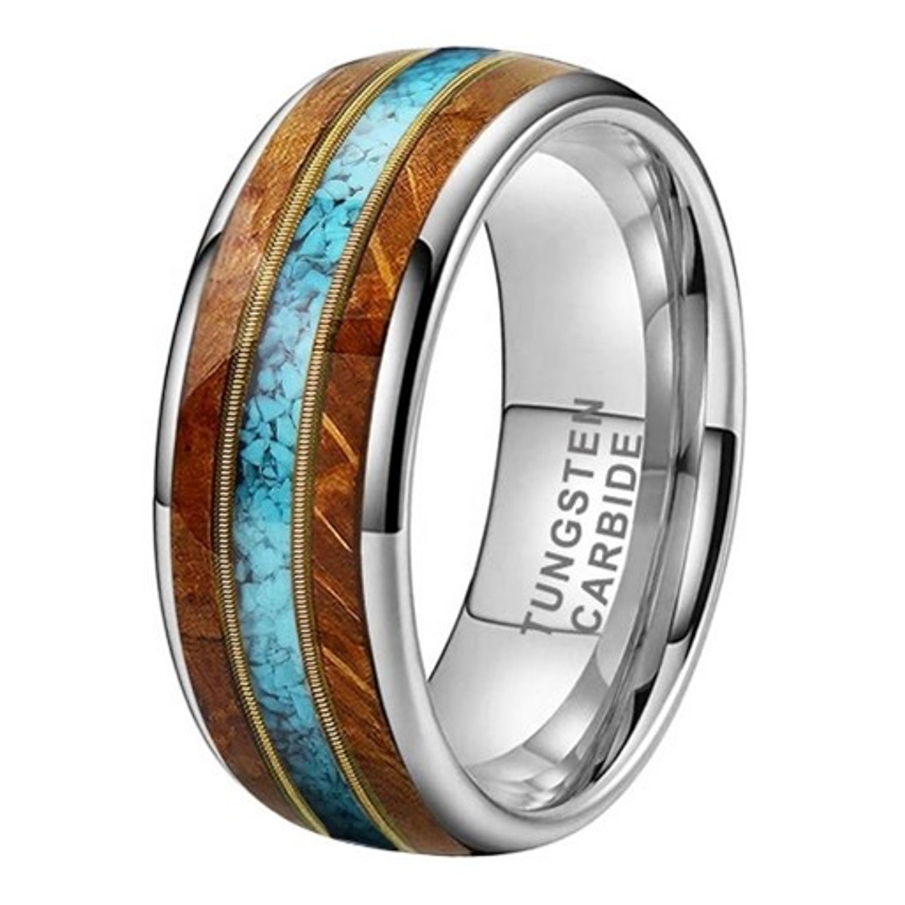 Tungsten Ring - Whisky Barrel Oak Wood/Guitar String/Turquoise Inlay