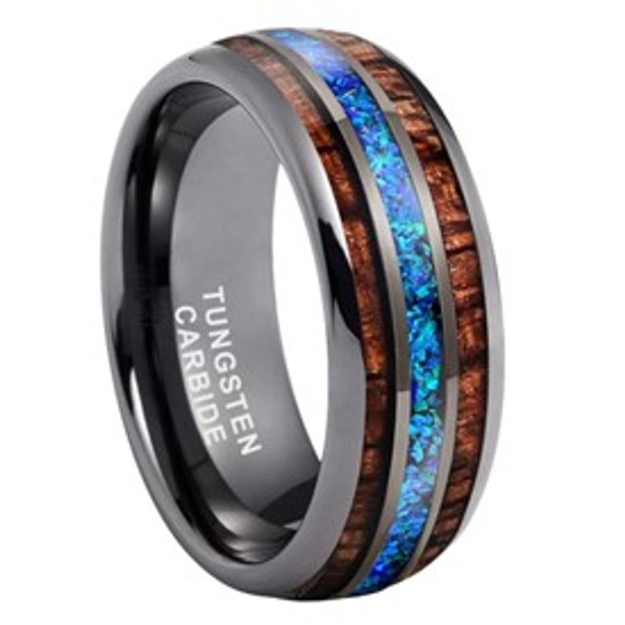 Gunmetal Tungsten Ring - Real Blue Opal/Koa Wood Inlay