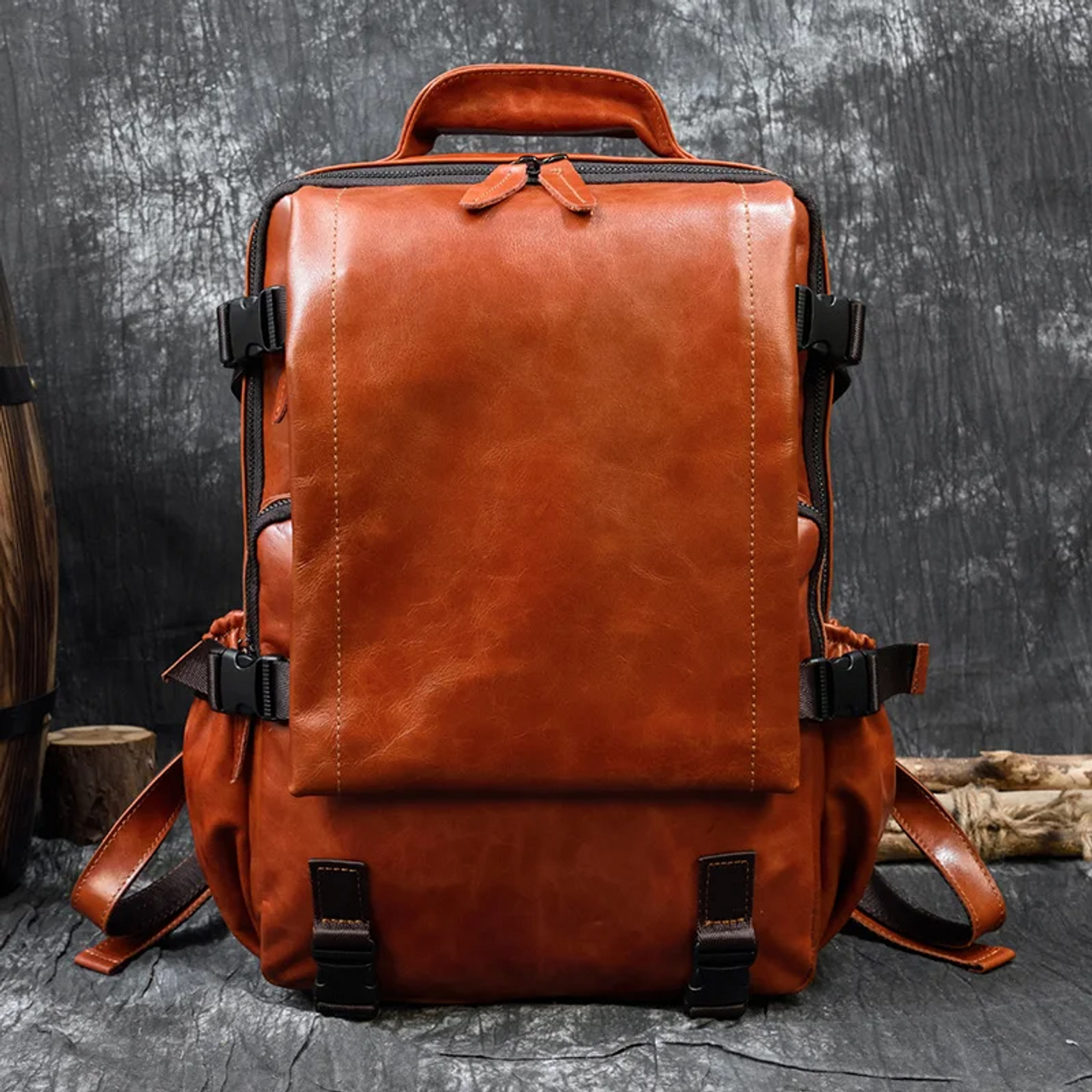 Large Capacity Orange Leather Laptop Backpack