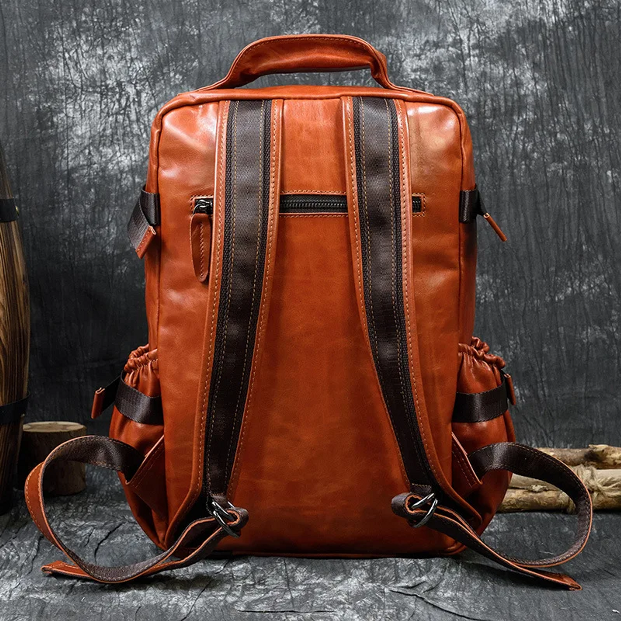 Large Capacity Orange Leather Laptop Backpack