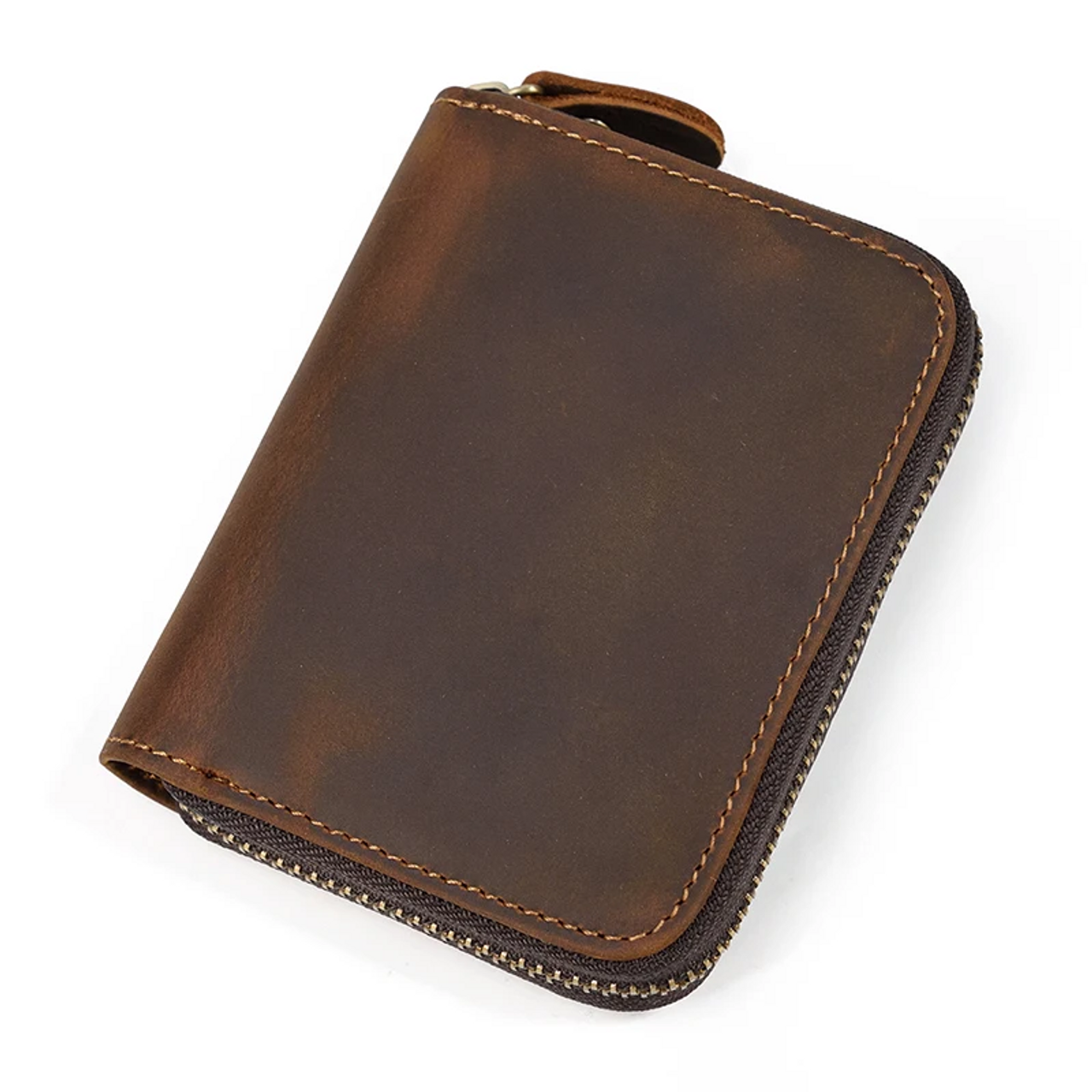 Zippered Brown Leather Bifold Wallet