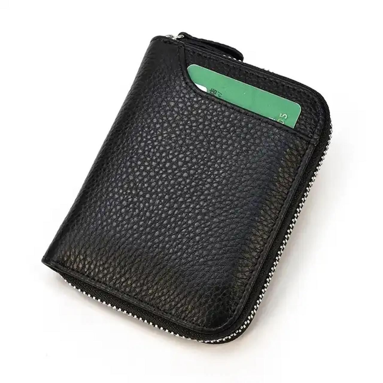 Zippered Leather Bifold Wallet with Outside Card Pocket