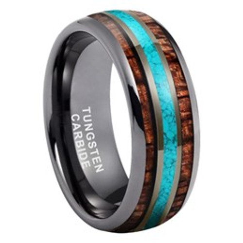 Gunmetal Tungsten Ring - Crushed Turquoise/Koa Wood Inlay