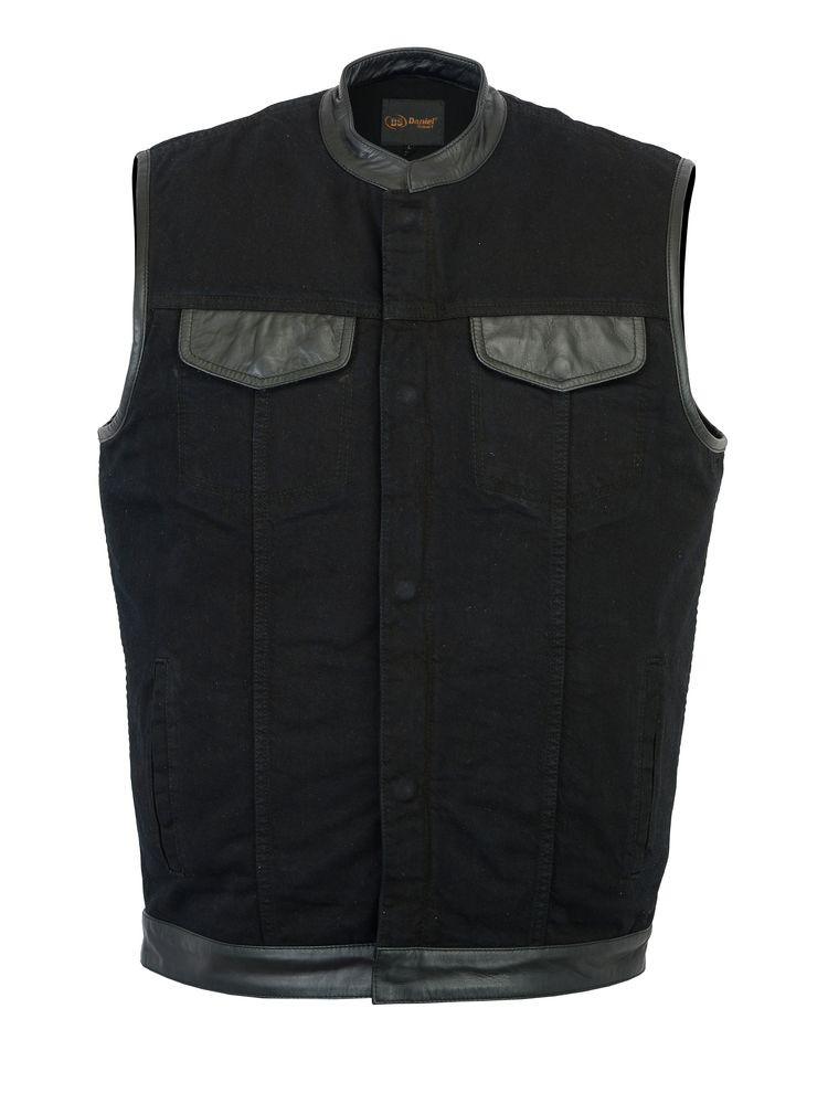 Men’s Black Denim Vest w/ Leather Trim Club Cut Riders Biker Supply