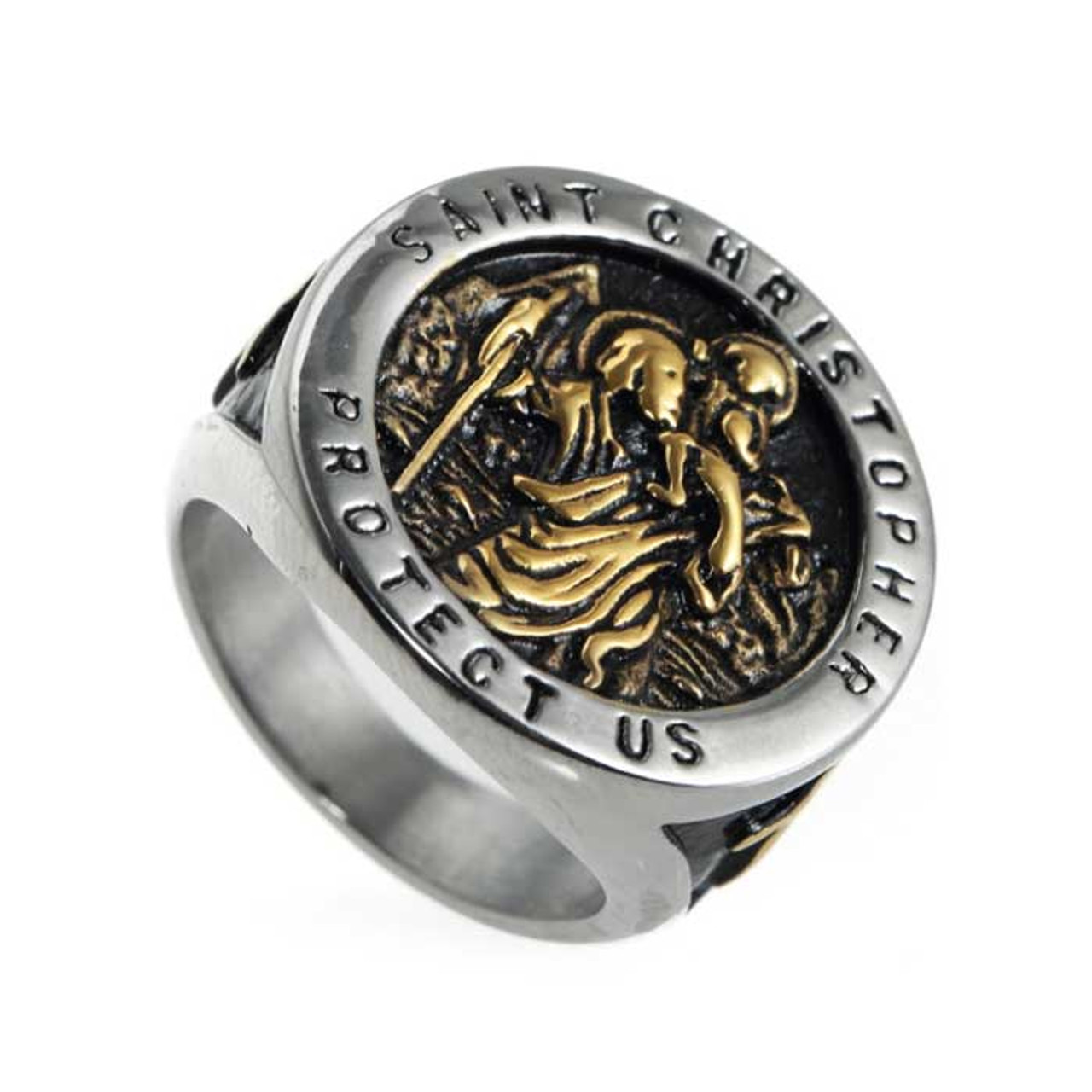 St Christopher Protect Us Steel Biker Ring - Riders Biker Supply