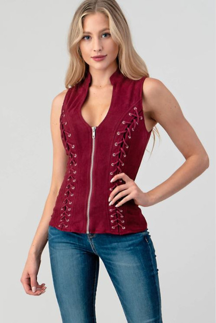 Bustier, Burgundy Suede Zip-Up Cross-Cut Back Vest Top