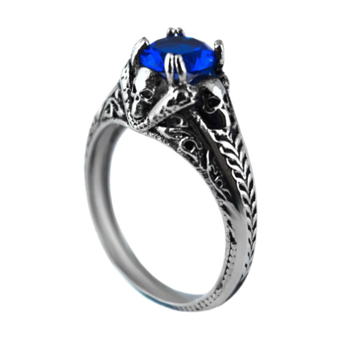 Ladies Skull With Imitation Blue Stone Ring Stainless Steel Motorcycle Biker Jewelry