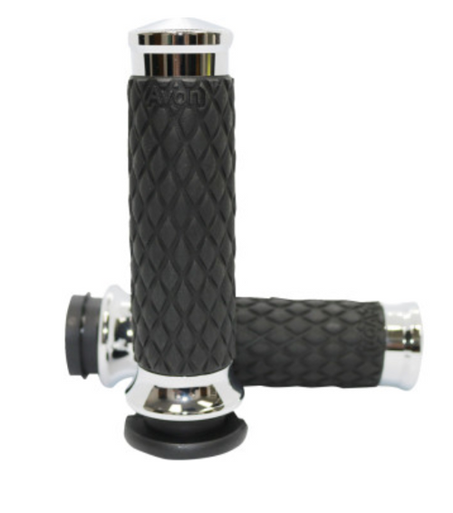 AVON Chrome Motorcycle Grips - Cable Driven Diamond Contour Grips- AVON