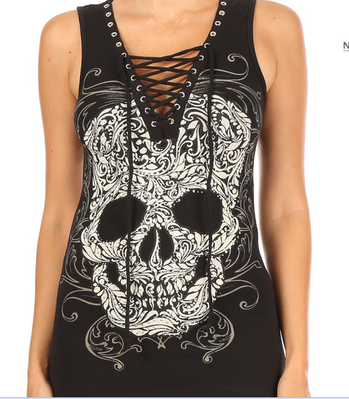 Skull Graphic Black Ladies Print on a Deep String Eyelet V-neck Tank Top