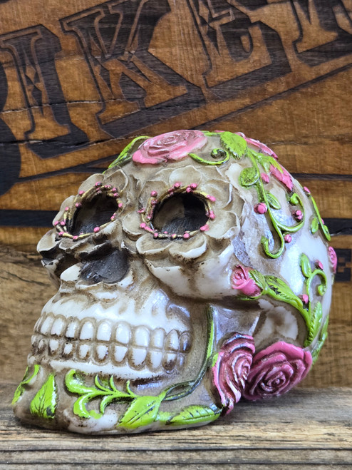 Skull with Rose Figurine Pink and Green