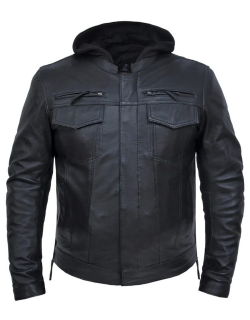 MENS LEATHER JEAN STYLE Premium Motorcycle Riding Jacket with Hoody