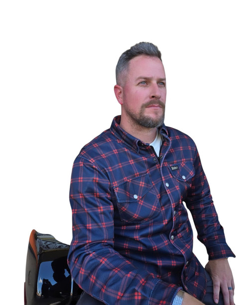 Mens Motorcycle Summer Mesh Protective Riding Shirt With Armor and Kelvar Reinforced in Red and Black