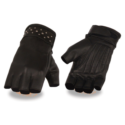 Women’s Leather Fingerless Glove w/ Gel Palm & Rivet Detailing Riders