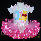 Winnie the Pooh birthday outfit-1st birthday tutu outfit girl-toddler tutu dress with pink satin ribbon trimmed tutu and blue glitter one Winnie the Pooh birthday outfit-1st birthday tutu outfit girl-toddler tutu dress with pink satin ribbon trimmed tutu and blue glitter one