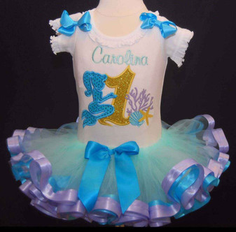 Birthday Mermaid Outfit - ribbon trimmed tutu, personalized Under the Sea, Shells and Coral, Birthday Tutu