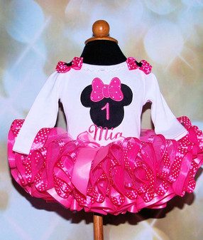 minnie mouse 1st birthday outfit with shocking pink polka dot ribbon trimmed tutu