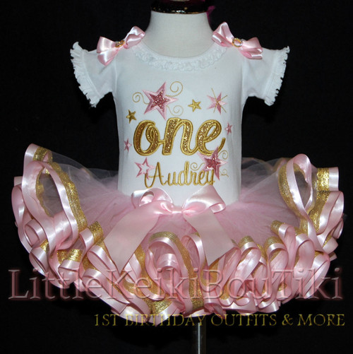 One  birthday outfit girl, glitter one with stars pink and gold ribbon trimmed tutu