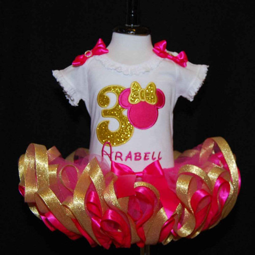 Birthday Tutu Shocking Pink and Gold Minnie Mouse Third Birthday Tutu Outfi 2 pieces